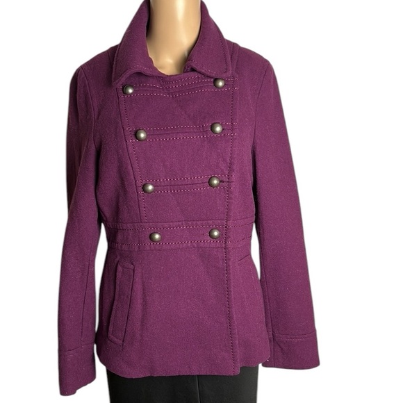 H&M steampunk jacket women 10, pea coat ,wool blend ,military style,burgundy - Picture 1 of 16